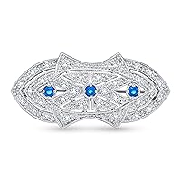 Art Deco Style Scarf Brooch Pin For Women Blue Clear CZ Simulated Sapphire Silver Plated Brass