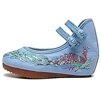 Qianmome Chinese Womens Phoenix Breading Embroidered Oxfords Sole Casual Canvas Mary Jane Wedge Shoes