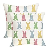 Easter Pillow Covers 18x18 Pack of 2 Green Blue Pink Yellow Bunny Throw Pillow Covers,Spring Holiday Pillowcase Farmhouse Colorful Rabbit Decor Linen Cushion Case for Sofa Couch Outdoor