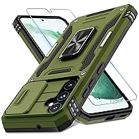 DEERLAMN for Samsung Galaxy S23 FE Case with Slide Camera Cover+Screen Protector(1 Pack),Rotated Ring Kickstand Military Grade Shockproof Protective Cover-Olive Green