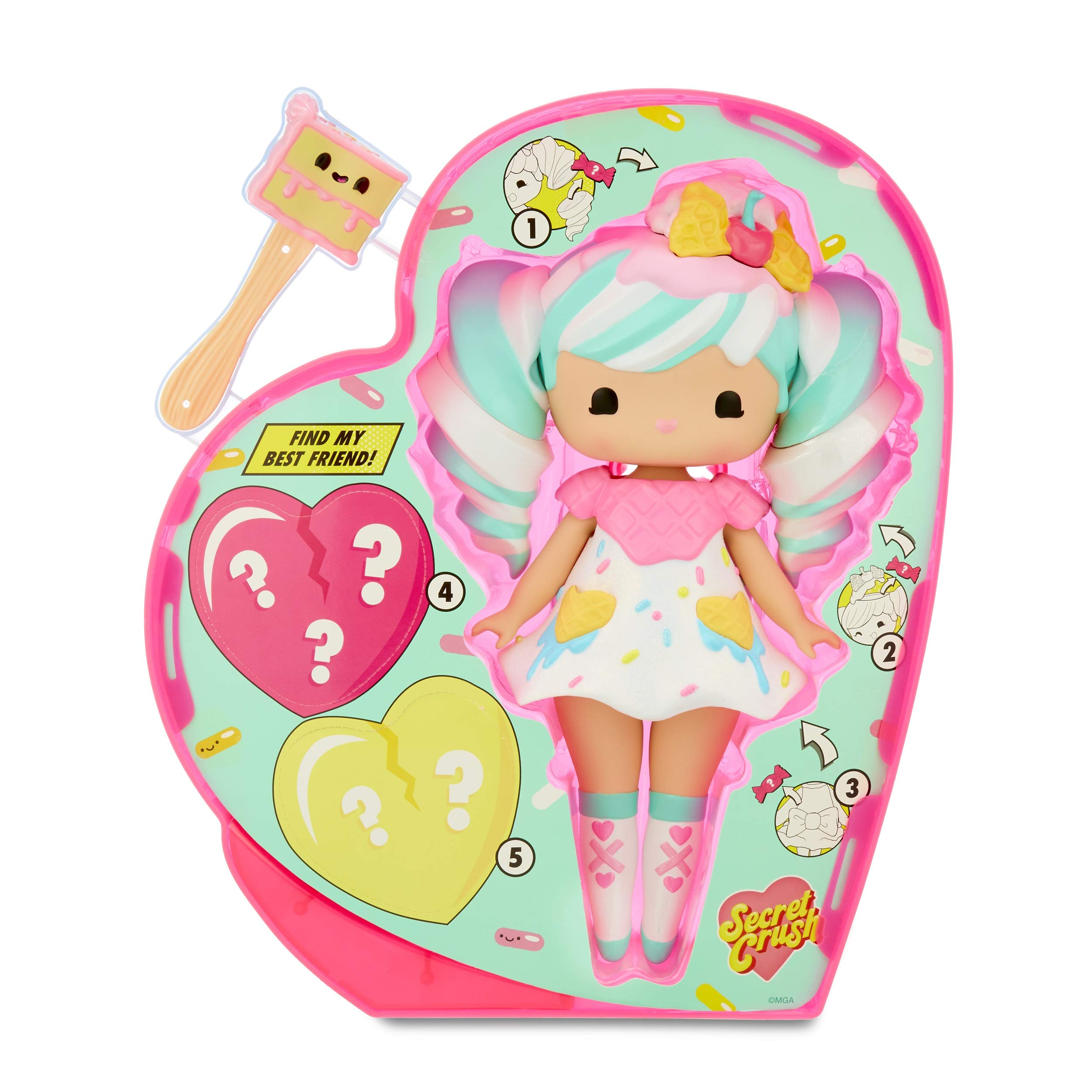 Secret Crush Surprise Large & Small Dolls - Sundae Swirl, Winnie Wafflecone Candy-Themed Hammer, Heart-Shaped Display Case for Storage & A Stand, Beads & Lanyard for DIY Jewelry - Kids Ages 3+