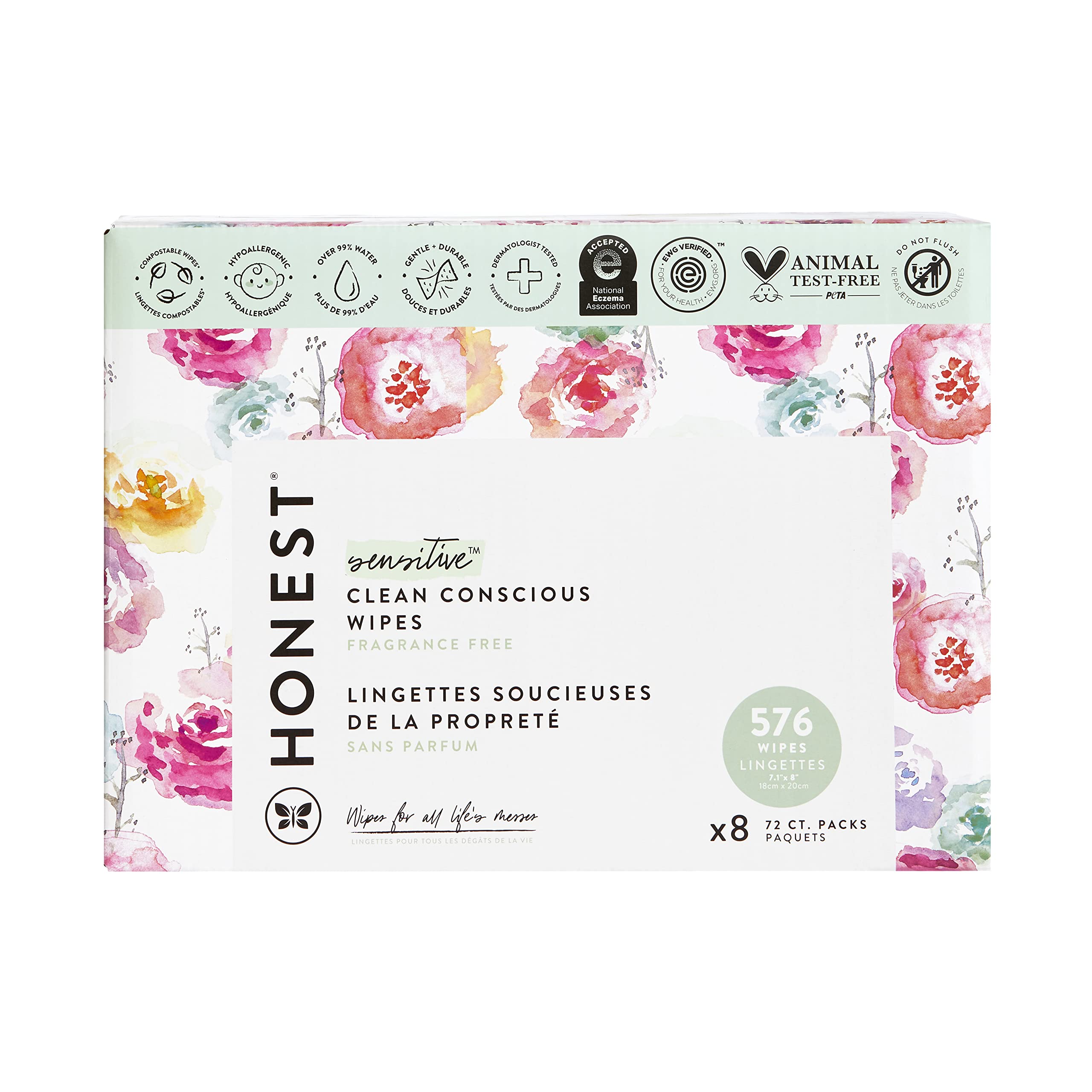 The Honest Company Clean Conscious Wipes | 99% Water, Compostable, Plant-Based, Baby Wipes | Hypoallergenic, EWG Verified | Rose Blossom, 576 Count