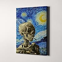 Vincent Van Gogh Starry Night & Smoking Skeleton Canvas Wall Art Print | 1800s Paintings Skeleton Smoking Cigarette Iconic Posters, Pictures, Painting, Canvas Wall Art Gifts and Home Decor (16” x 24” x 1.5”)