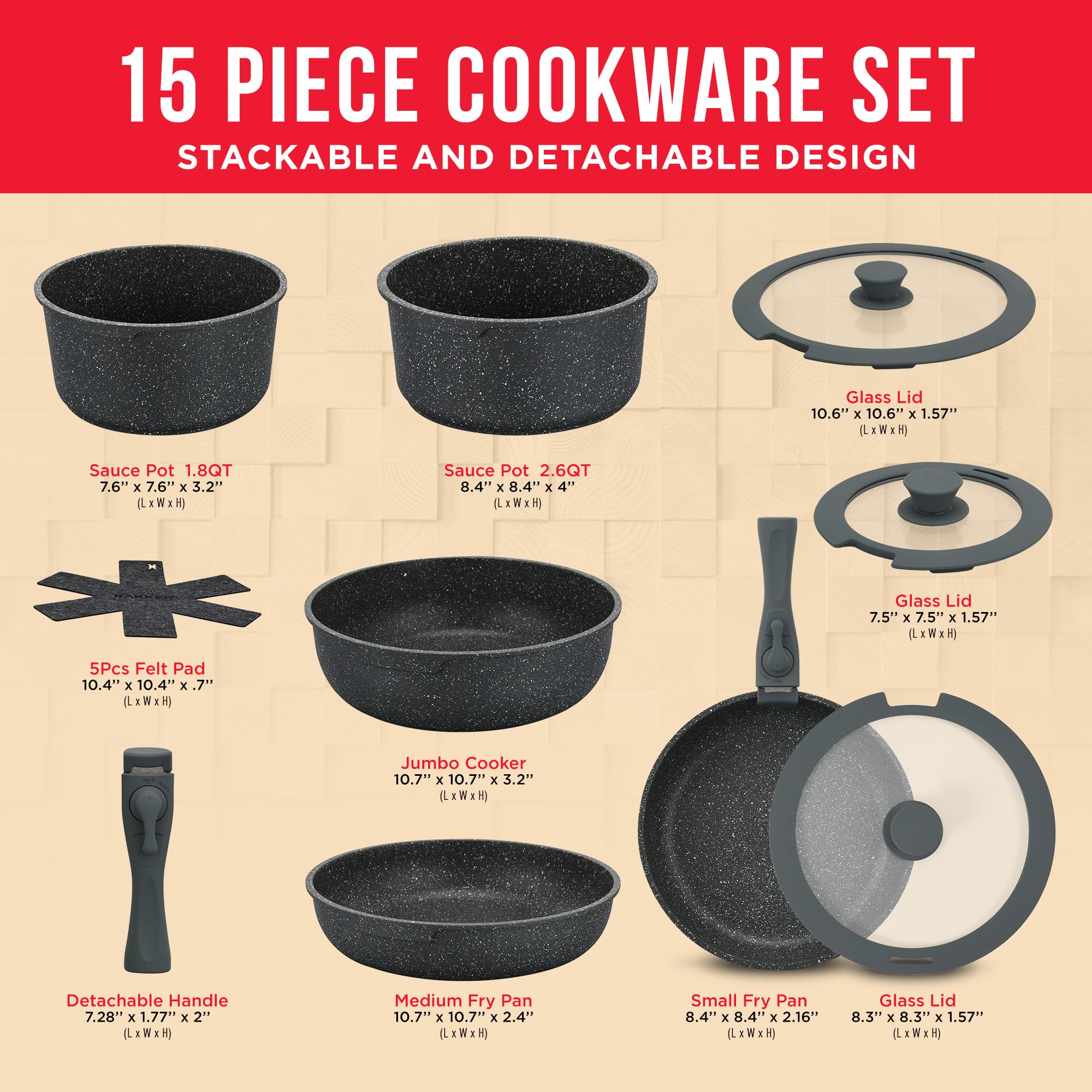 Bakken-Swiss Detachable 15-Piece Cookware Set – Granite Non-Stick – Eco-Friendly – stackable Removable Handles – for All Stoves & Oven-Safe - marble Black coating