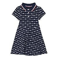 Tommy Hilfiger Girls' Short Sleeve Knit Polo Dress, Everyday Casual Wear, Soft & Comfortable Fit, Navy Monogram Stripe, 2T