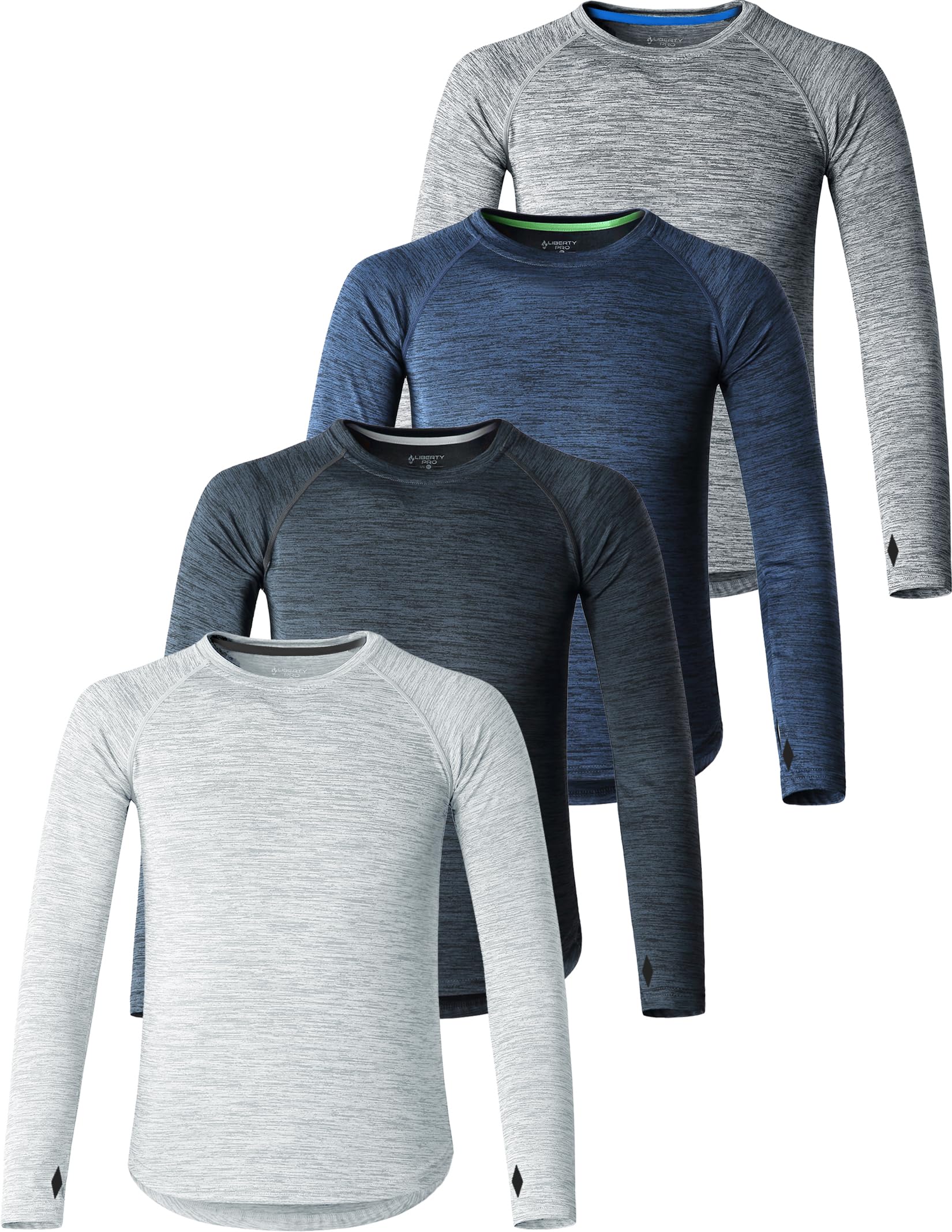 4 Pack: Youth Boys Long Sleeve Shirts Dry Fit Athletic Clothes for Teens, Kids Active Performance Tshirts with Thumb Holes