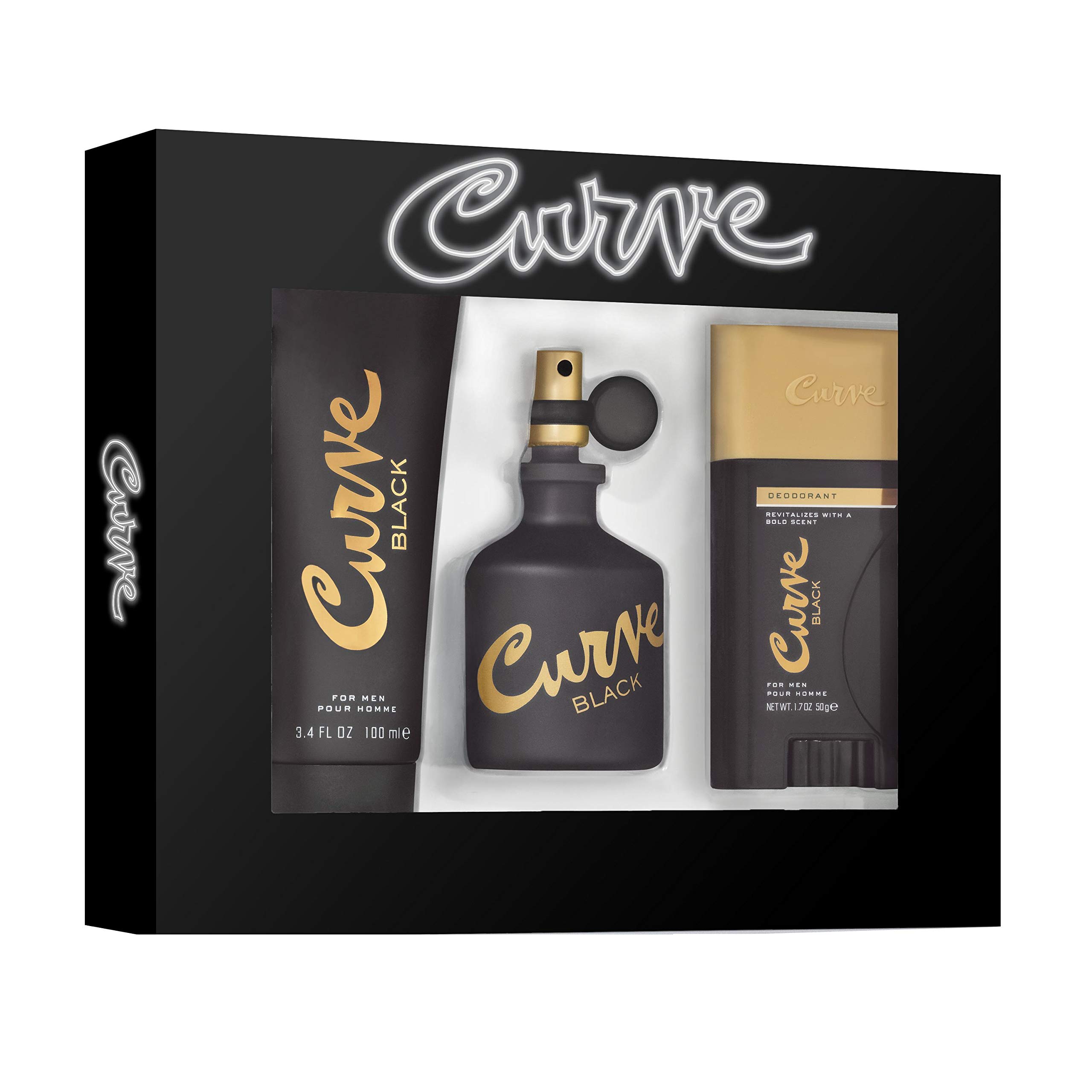 Men's Cologne Gift Set by Curve Black, 4 Pieces Include 2.5oz Cologne, 3.4oz After Shave Balm, 1.7oz Deodorant Stick, Drawstring Bag