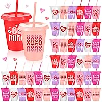 Suclain 48 Pcs 16 oz Valentine's Day Reusable Cups with Lids and Straws Colorful Plastic Tumbler with Straw Water Bottle for Kids Party Favor Iced Coffee Travel Mug Party Supplies(Valentine's Day)