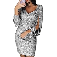 Andongnywell Womens Elegant Sequin Tassel Sleeve Bodycon Long Sleeve Sequins Fringe Dress Sexy Midi Dresses