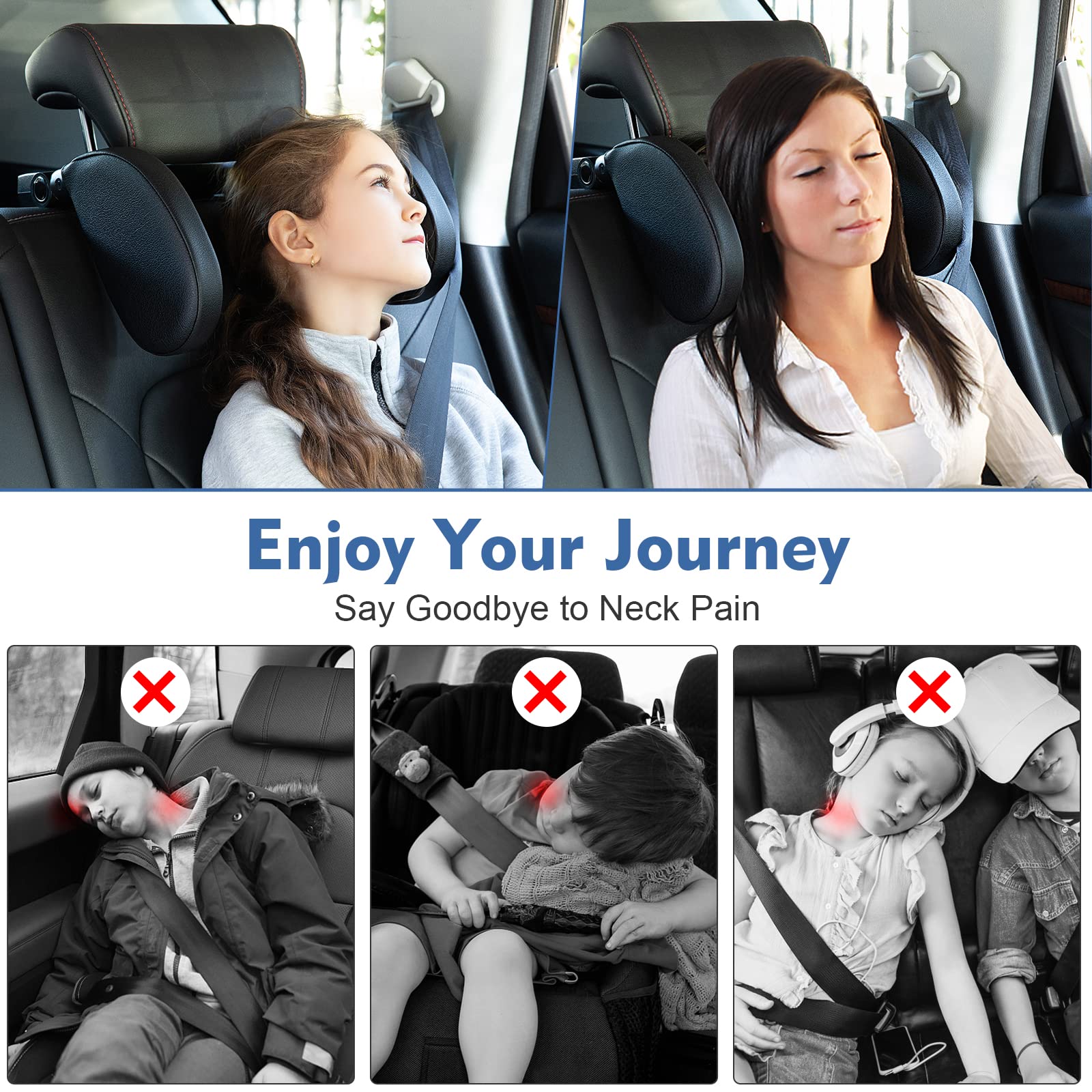 JZCreater Car Headrest Pillow, 180° Adjustable, U- Shaped Design, Head, Neck Support Pillow, Travel Sleeping Car Headrest, Suitable for Kids and Adults (Black)