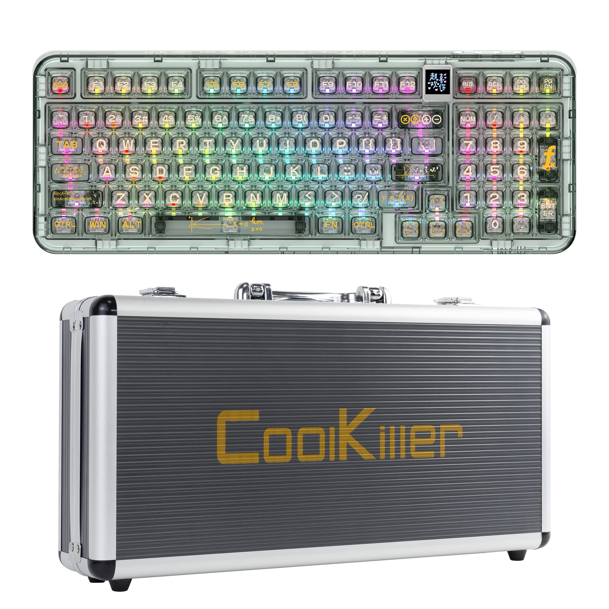 YUNZII Coolkiller CK98 Wireless Hot Swappable Mechanical Keyboard with OLED, 1800 Layout Transparent Acrylic Gasket Mounted Keyboard for for Windows/Mac (Ice Blade Switch, Math and Metal Box)