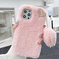 Girly Faux Fur Phone Case for T-Mobile REVVL V+ 5G with Glass Screen Protector,Cute Love Heart Ball Pendant Soft Fluffy Furry Shockproof Protective Phone Cover for Women (Pink)