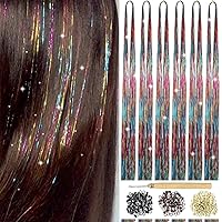 Hair Tinsel Kit With Tools Rainbow Tinsel Hair Extensions 6Pcs 1200 Strands Fairy Hair Tinsel Heat Resistant Glitter Hair Extensions Sparkling Shiny Hair Tensile for Girls Women Kids (Rainbow)