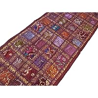 Patchwork Embroidered Table Runner - Indian Sequin Cotton Boho Bohemian Hippie Patchwork Runner Tapestry Wall Hanging - Indian Decoration Tapestry Wedding Decor 16 X 72 Inches (Maroon)