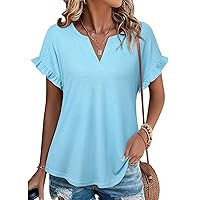 Youtalia Women's Casual Ribbed Knit Tops Ruffle Short Sleeve T Shirts Summer V Neck Solid Blouses