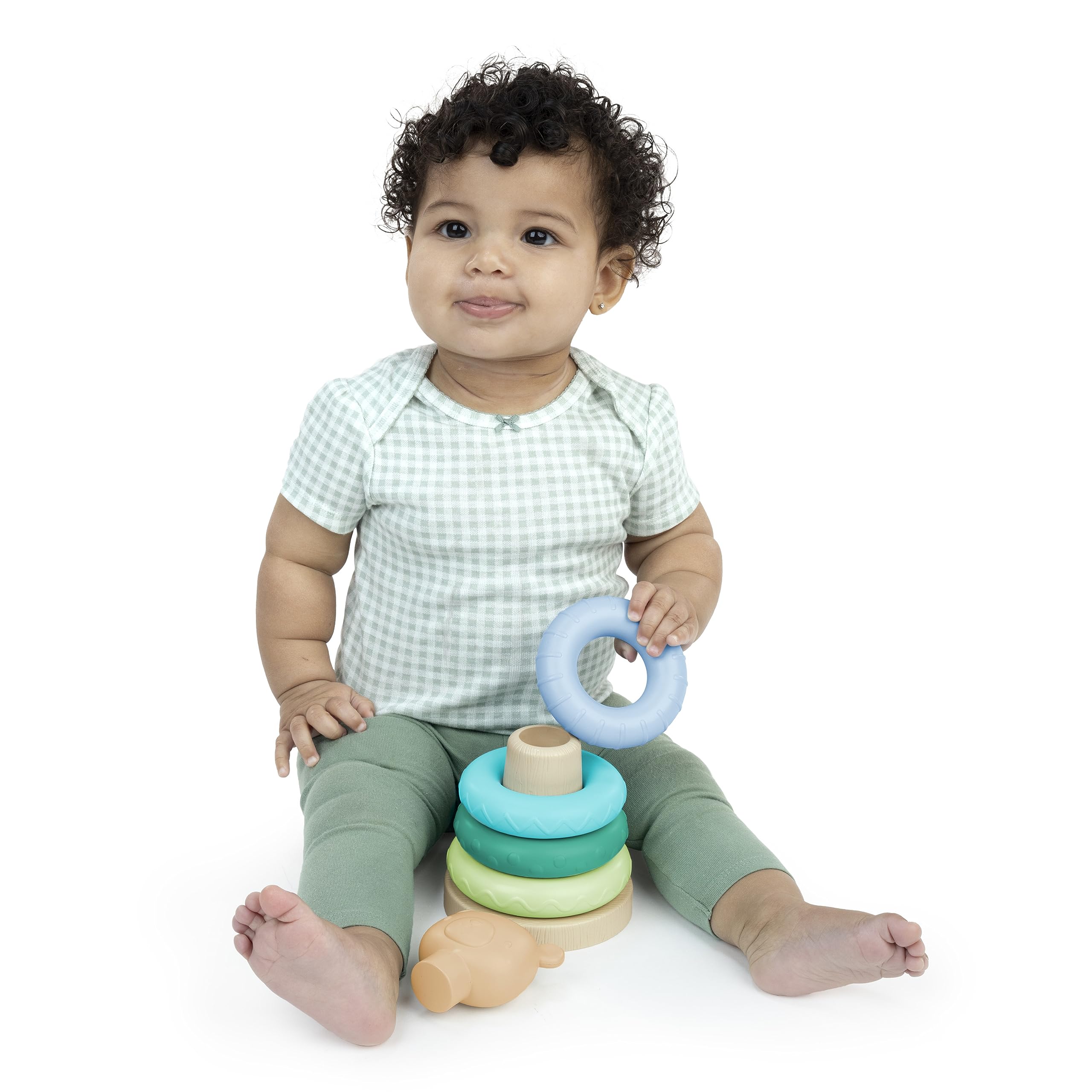 ity by Ingenuity Cutie Stacks, 4 BPA-Free Rings, Faux Wood Stand, Bear Topper, Unisex, for Ages 6 Months and Up - Nate