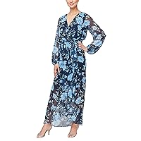 S.L. Fashions Women's Long Sleeve Tulip Overlay Skirt Maxi Dress with Surplice Neckline and Tie Belt