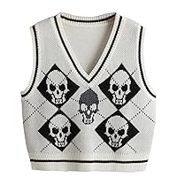 PEHMEA Women Gothic Skull Skeleton Sweater Vest Knitted V Neck Preppy Crop Tops Knitwear Streetwear(White-S)