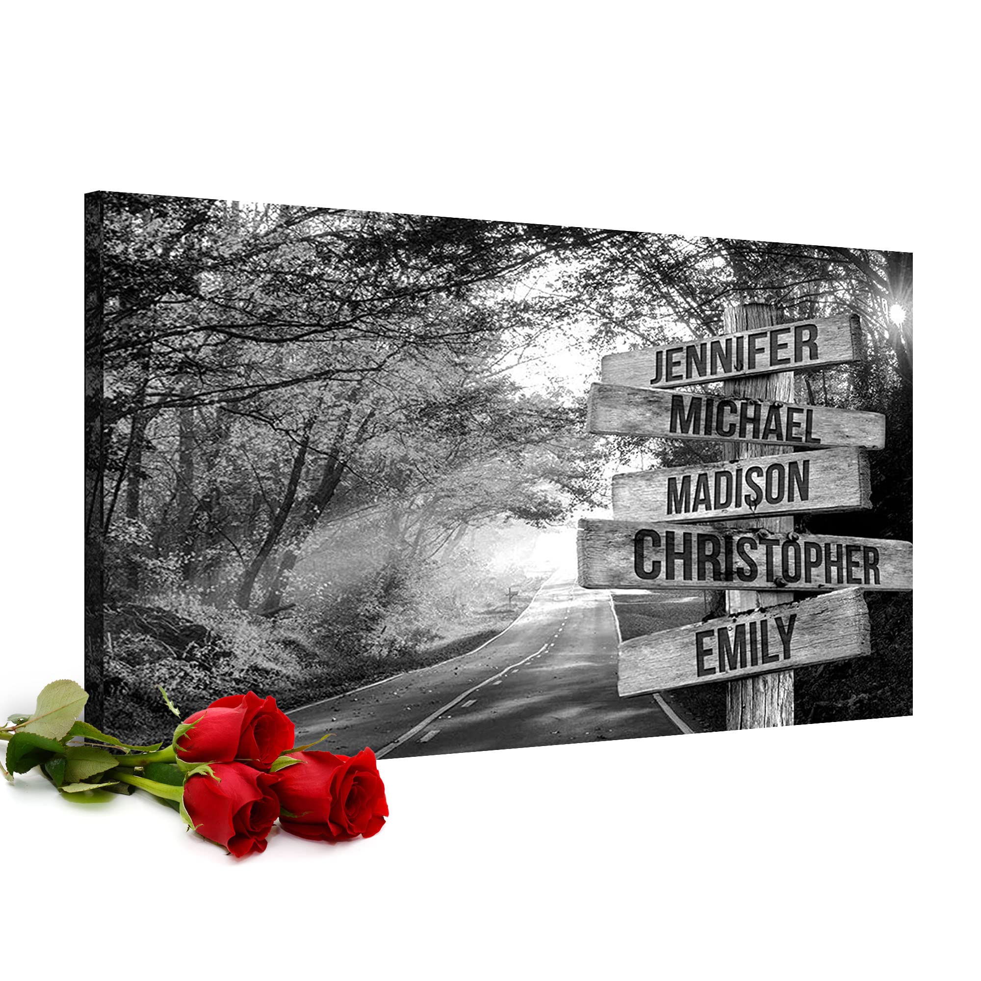 Autumn Road Multi Names Premium Canvas, Crossroads Personalized Wall Art, Custom Canvas Picture, Customized Gifts, Black and White – Family Gifts C...