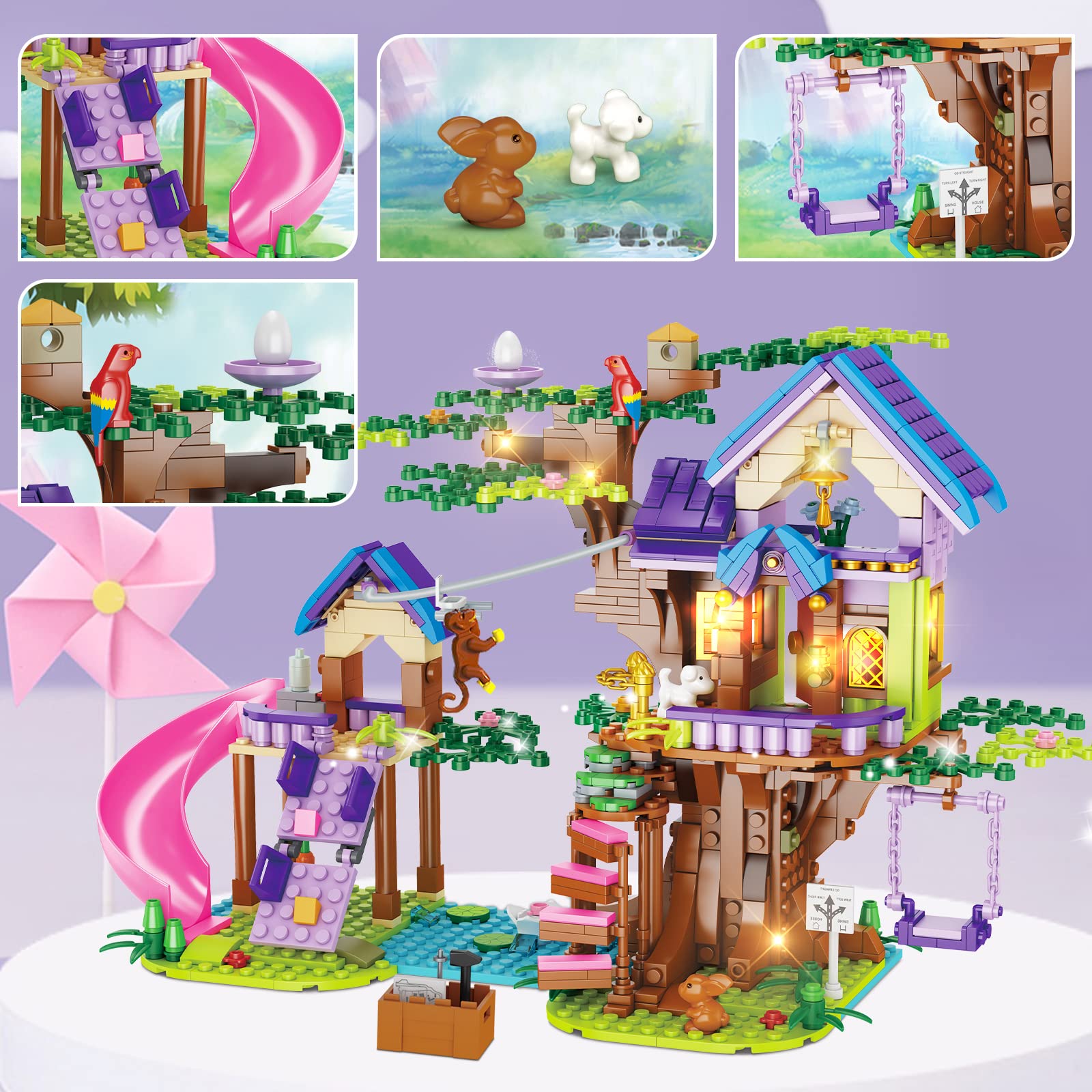 OKKIDY Tree House Building Toys for Kids, Girls Friendship Building Blocks with with LED Light, Creative Forest House Age 6 7 8 9 10 11 12+ Birthday Gift Girls Boys
