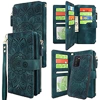 Harryshell Detachable Magnetic Zipper Wallet Leather Case with Cash Coin Pocket 12 Card Slots Holder Wrist Strap Lanyard for Samsung Galaxy A03S (Flower Teal)