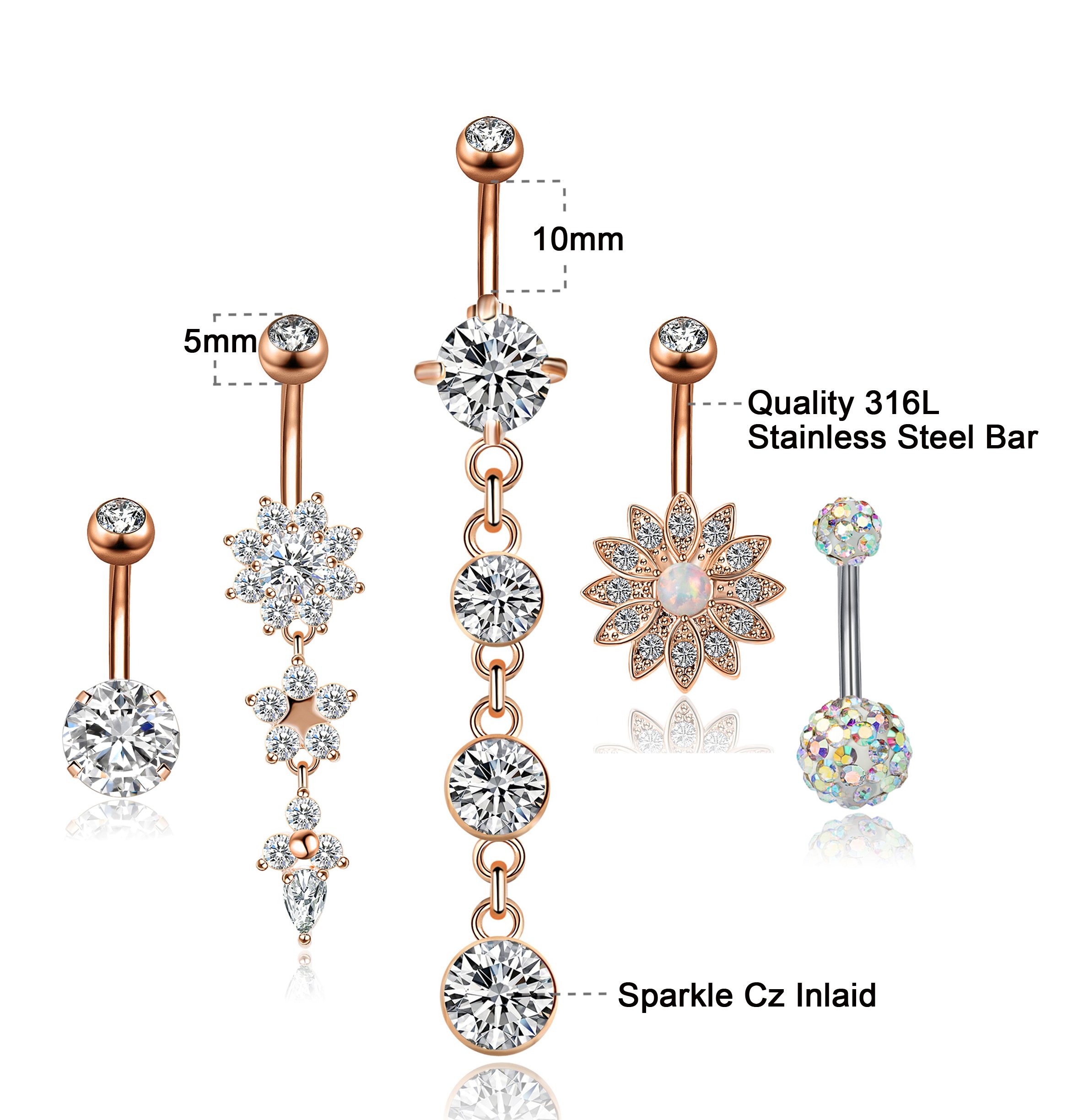 YOVORO 5-10PCS 14G 316L Stainless Steel Dangle Belly Button Rings for Women Navel Rings Curved Barbell Body Piercing