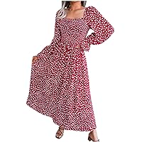 Womens Maxi Dress Fall Fashion Swiss Dots Square Collar Boho Long Dresses Long Sleeve Vacation Pleated Beach Dress