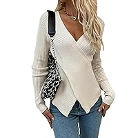 COZYEASE Women's Solid Rib Knit Long Sleeve Wrap Front Pullover Sweaters V Neck Slim Fit Sweater Tops
