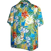 Pacific Legend Men's Polynesian Bouquet Shirt, Blue, XL
