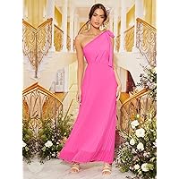 2023 Women's Dresses One Shoulder Tie Side Pleated Hem Chiffon Dress Women's Dresses (Color : Hot Pink, Size : X-Small)