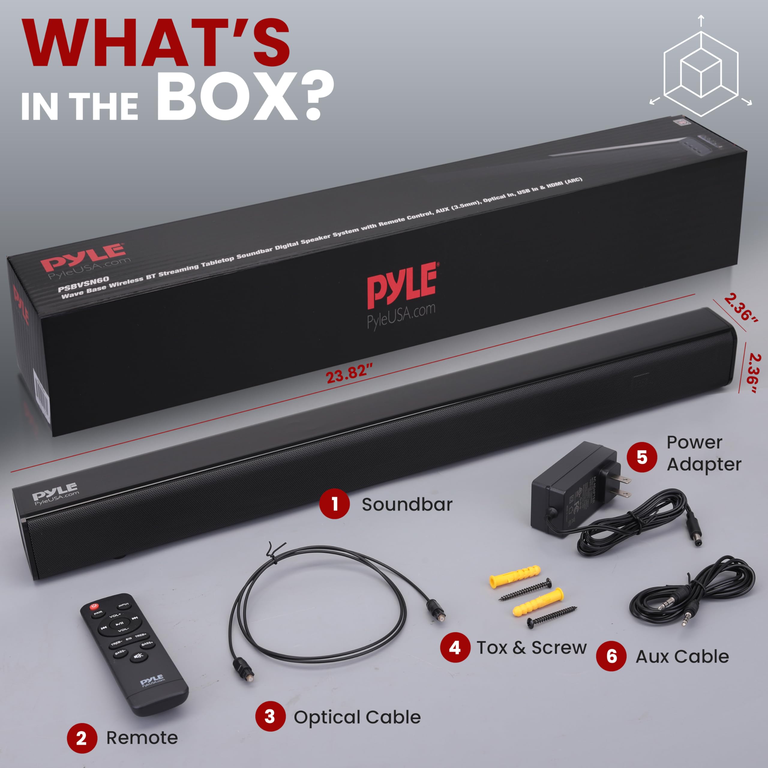 Pyle Home Theater Soundbar Speaker - Wave Base Streaming Tabletop Stand Mount TV Digital System with AUX/Digital Optical Audio Connector Jacks/USB Port, HDMI /ARC, Full Sound Reproduction