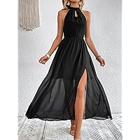 Dresses for Women - Keyhole Neckline Split Thigh Dress (Color : Black, Size : Large)