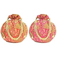 Indian Embroidered Peach & Pink Potli Bag with Pearls Handle Purse Party Wear Ethnic Clutch for Women Combo of 2
