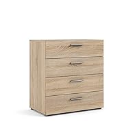 Tvilum Bedrooms, Living Areas, or Entryways, Silver Handles, Steel Brackets at Bottom 4 Drawer Chest, 15,85 in D x 26,81 in H x 31,57 in W, Oak