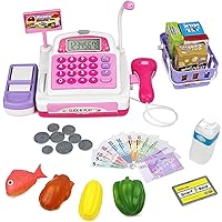 Click N' Play Electronic Calculator Grocery Store Pretend Play Cash Register with Cashier Play Money Toy ATM Credit Card Pink Playset | Learning Resources For Kids and Toddlers Ages 2-4 4-8 Years Old
