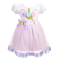 Dressy Daisy Toddler Little Girls Unicorn Dresses Birthday Outfit Summer Sundress with Rainbow Tulle Skirt and Puffed Sleeve Size 3T White