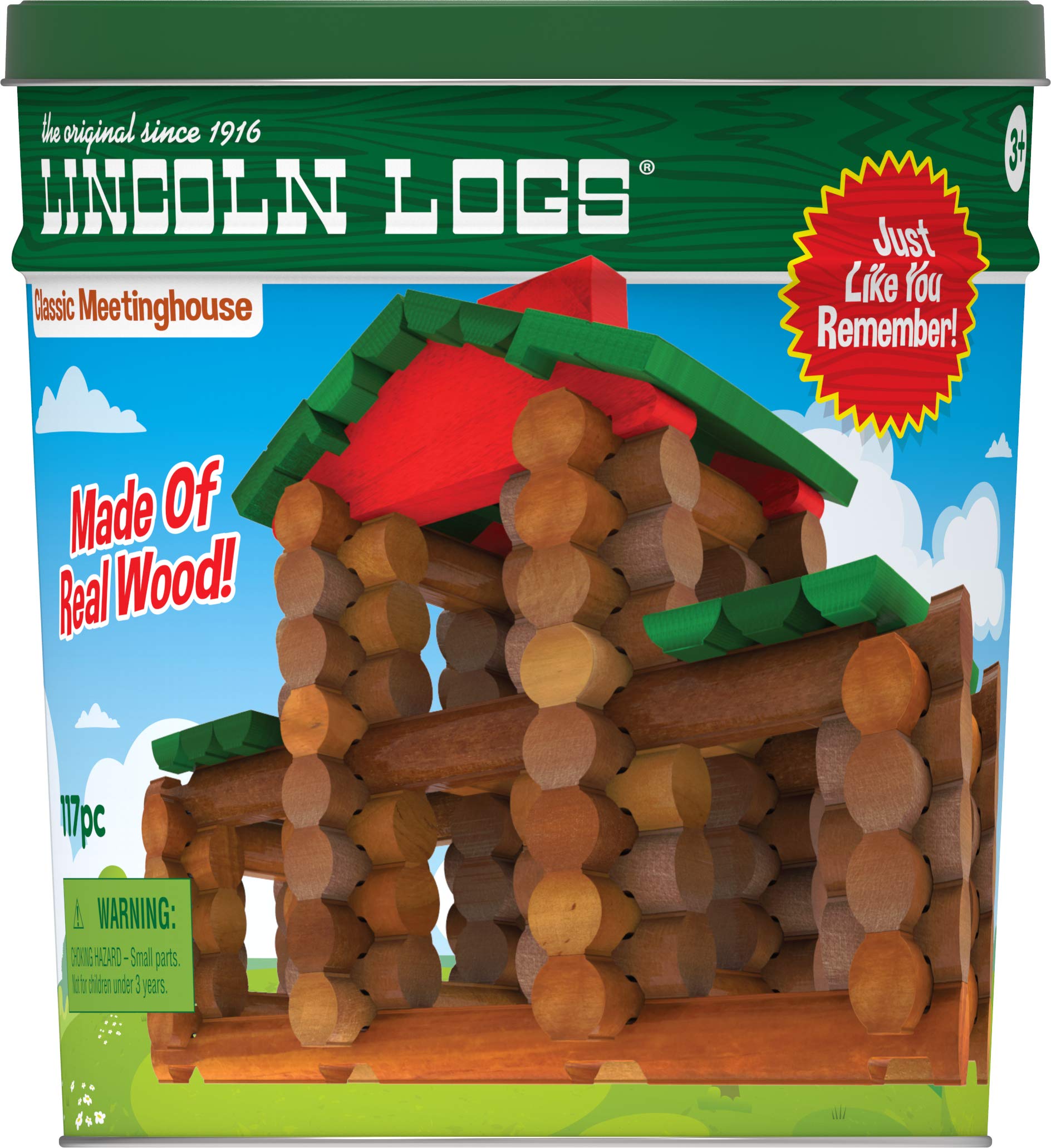 LINCOLN LOGS – Classic Meetinghouse - 117 Parts - Real Wood Logs - Ages 3+ - Collectible Tin - Best Retro Building Gift Set for Boys/Girls – Creative Construction Engineering – Preschool Education Toy
