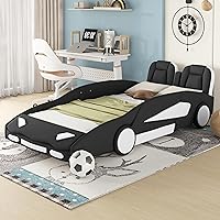 Bellemave Twin Size Race Car-Shaped Platform Bed with Wheels,Boys Twin Race Car Bed with Guardrail,Kids Bed Frame for Child's Bedroom(Black)