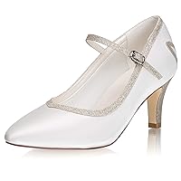JIAJIA 5284 Women's Memory Foam Bridal Shoes Closed Toe 2.7'' Stiletto Mid Heel Lace Satin Pumps Wedding Shoes