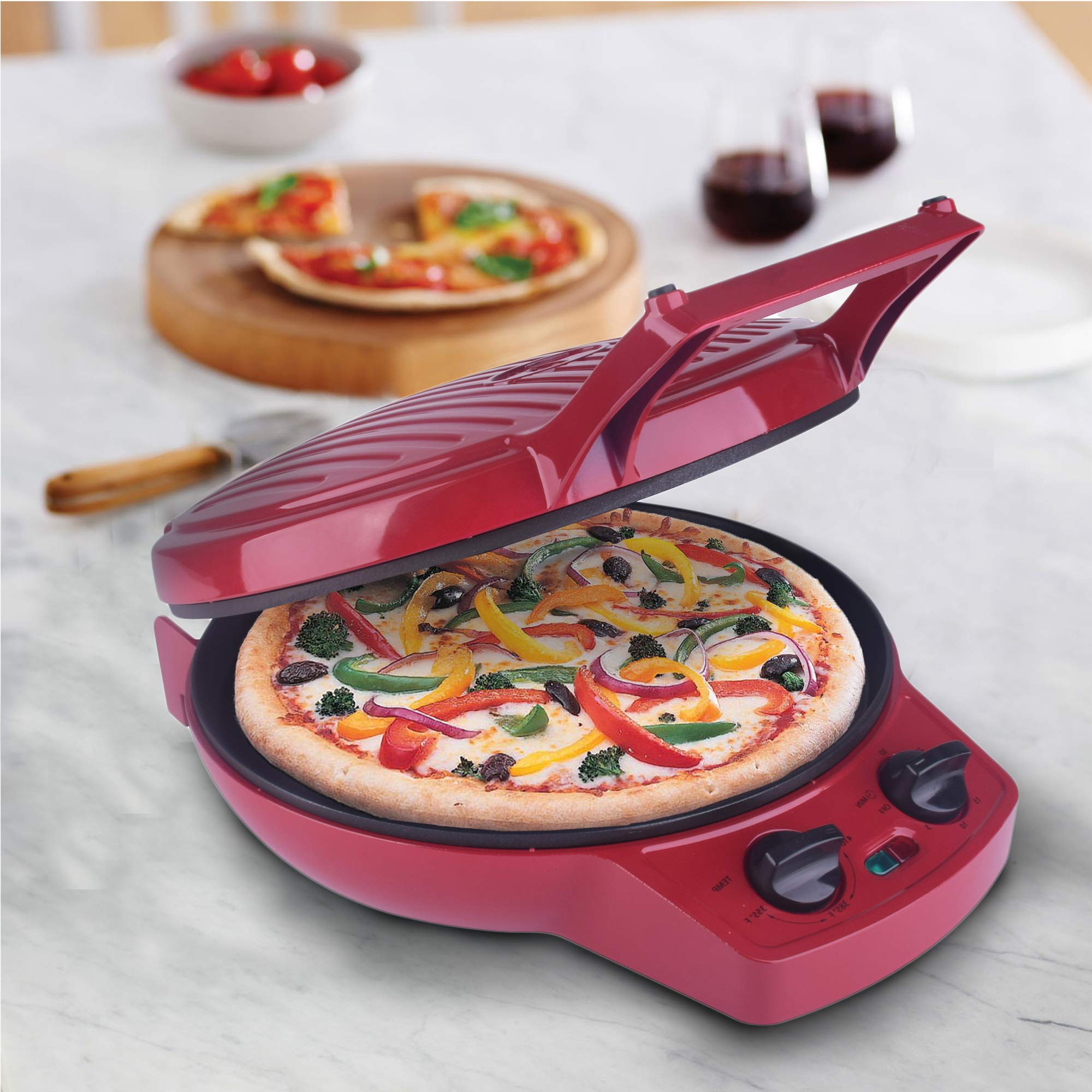 Courant Pizza Maker, 12 Inch Pizza Cooker and Calzone Maker, with Timer &Temperatures control, 1440 Watts Pizza Oven convert to Electric indoor Grill, Red