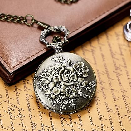 MORFONG Pocket Watch Vintage Steampunk Flower Pattern Fob Quartz Watch for Men Women