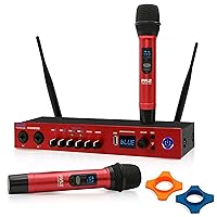Pyle UHF Wireless Microphone System - Portable Digital Audio Sound Mixer Receiver w/Bluetooth, 2 Handheld Mic, Receiver Base, Addressable Frequency, Great for Home Karaoke & Professional Use, Red