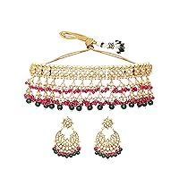 Exquisite 24K Gold Plated Choker Set, Adorned with Kundan Stones and Pink & Green Beads, Traditional Indian Jewelry for Women Gift for Her Special Occasions, Weddings