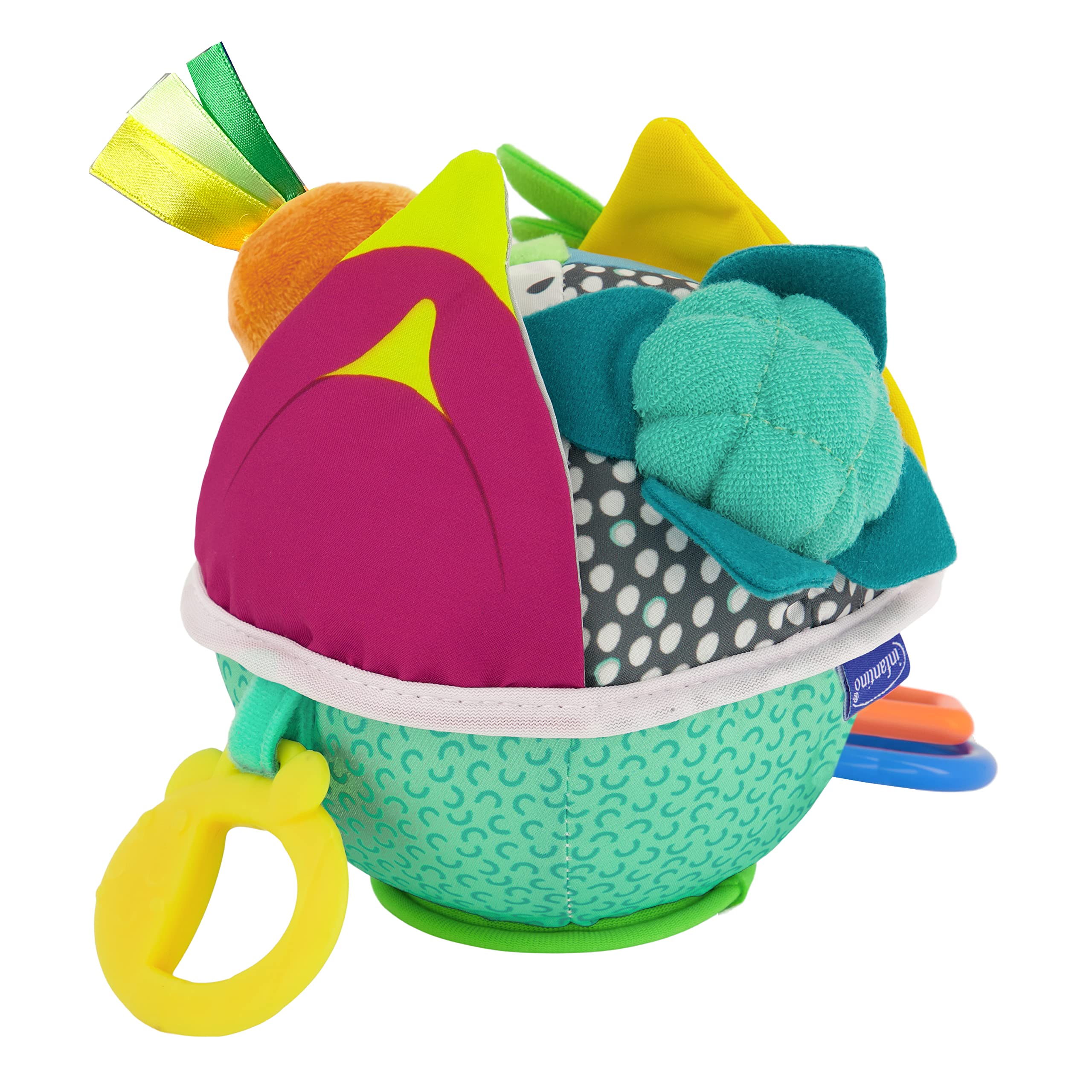 Infantino Busy Lil’ Sensory Ball - 9 Activities, Teether, Selfie Mirror, Rattle Sounds, Encourages Fine and Gross Motor Skill Development, for Babies 3M+