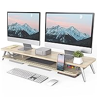 Fenge Dual Monitor Stand, Monitor Stands Riser for 2 Monitors, 42.5 Inch Wood Desk Shelf with Storage Organizer and Cable Management for Office Desk Accessories