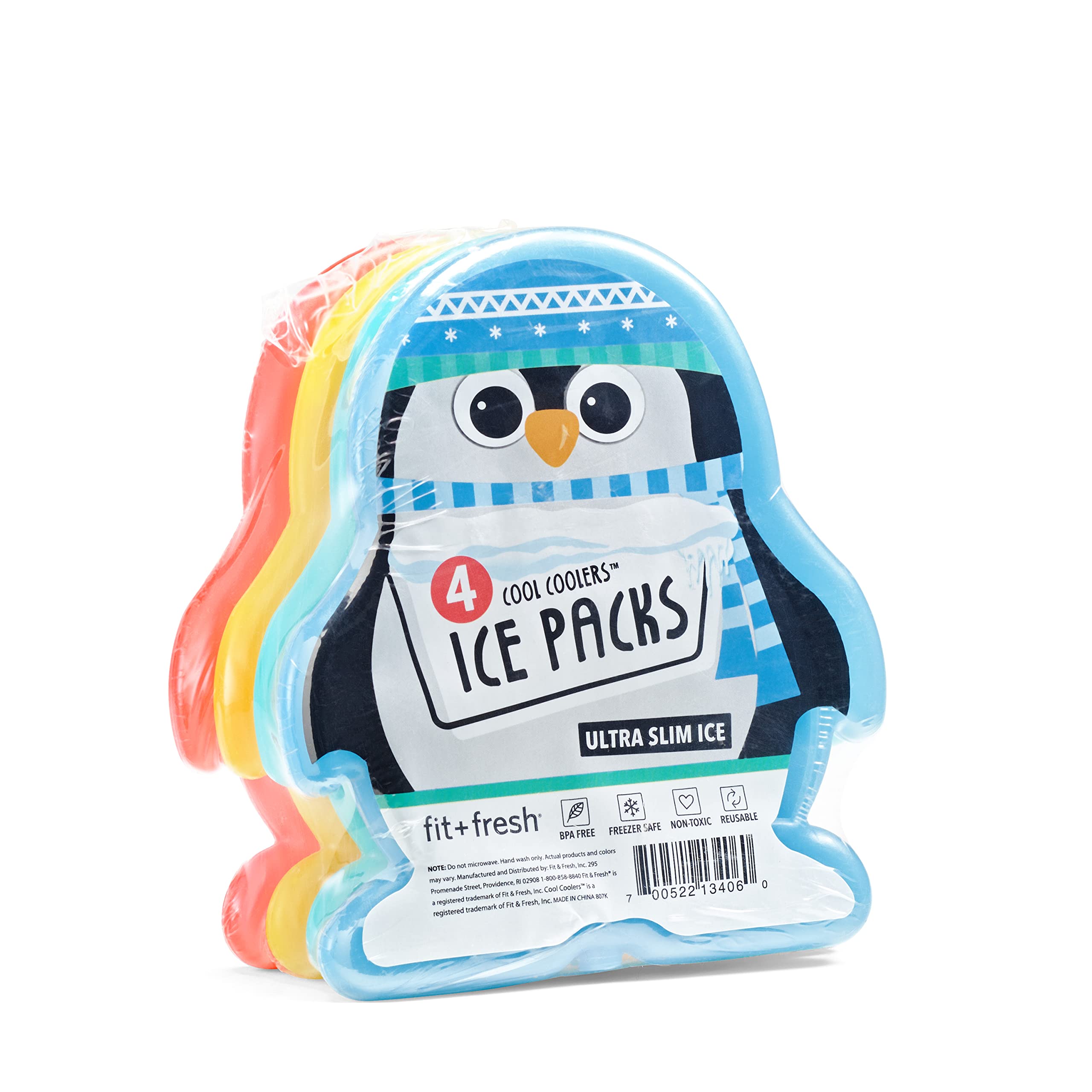 Fit & Fressh Shaped Slim Ice Packs, Colorful & Reusable, Perfect for Kids Insulated Lunch Bag, Bento Box, & More, Penguins