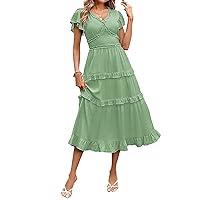 MEROKEETY Womens 2023 Summer Casual V Neck Flutter Sleeve High Waist Ruffle Tiered Midi Dress