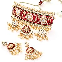 Crunchy Fashion Bollywood Traditional Indian Wedding Gold Plated Red Meena Hasli Set for women/girls