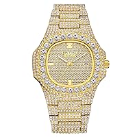 LEMBATRUON Diamond Men's Watch Iced Out Quartz Bling Crystal Rhinestone Watches for Men Luxury Hip Hop Stainless Steel Watch