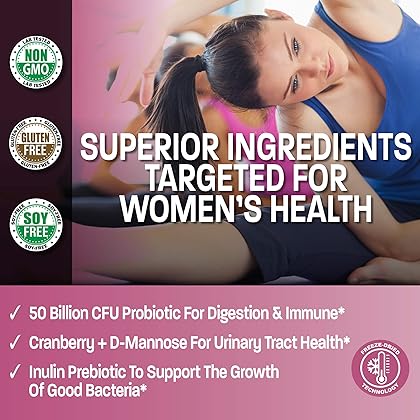 Bronson Women's Probiotic 50 Billion CFU + Prebiotic with Cranberry & D-Mannose – Vaginal Health, Healthy Digestion, Immune Function and Urinary Tract Support, Non-GMO, 60 Vegetarian Capsules